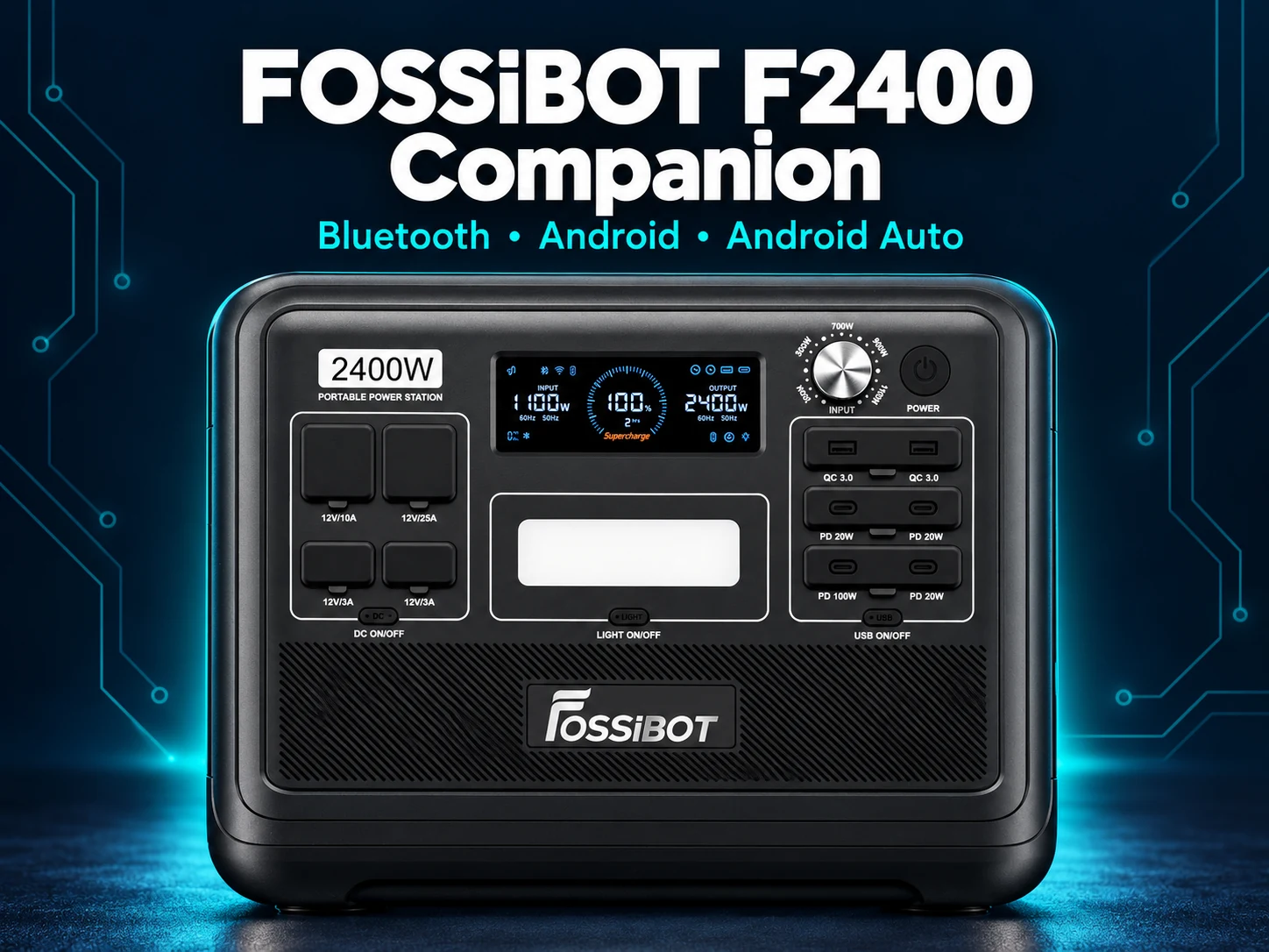 FOSSiBOT F2400 Companion project artwork featuring the physical power station on a dark background with teal circuit traces.